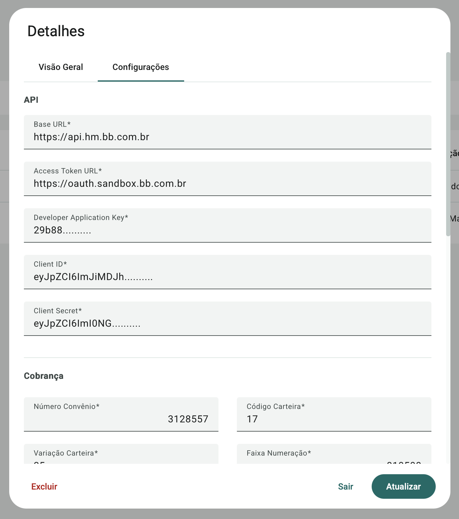 configurações da conta bancária